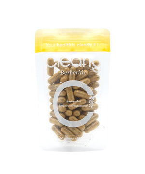 Clearly Berberine capsules in a bottle, showing the front label with product name and capsule details.