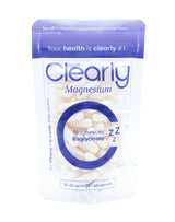 Clearly Magnesium Bisglycinate supplement bottle with label, showing capsules and product information on the front.