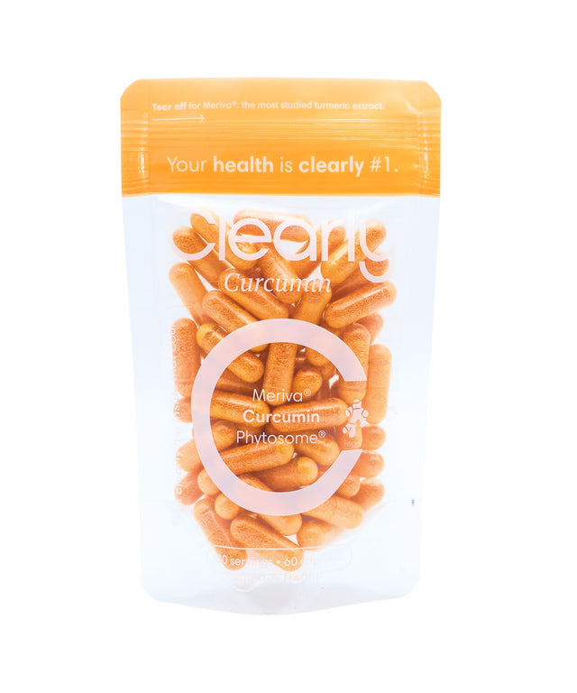 Clear and detailed image of Clearly brand curcumin capsules in a bottle, showing the front label and capsules inside.