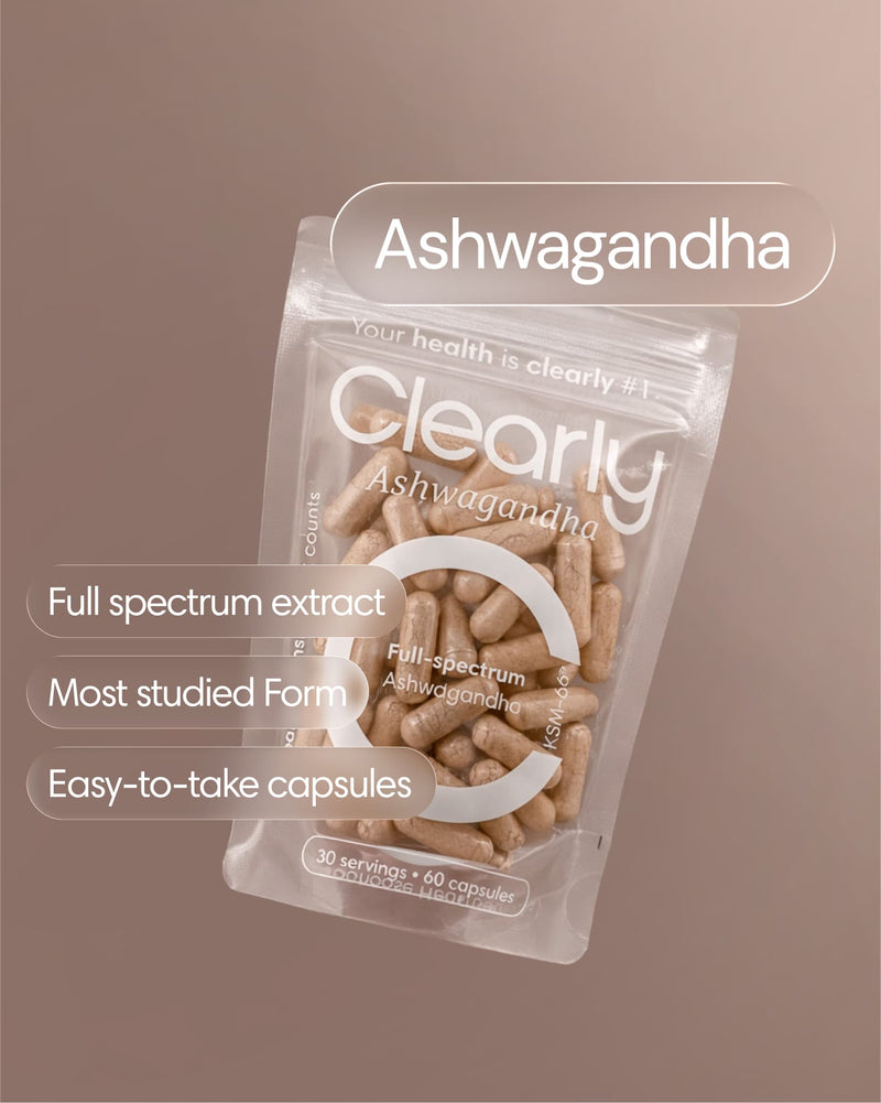 Clearly Ashwagandha capsules in a bottle, shown front view, featuring natural herbal supplement packaging and label.