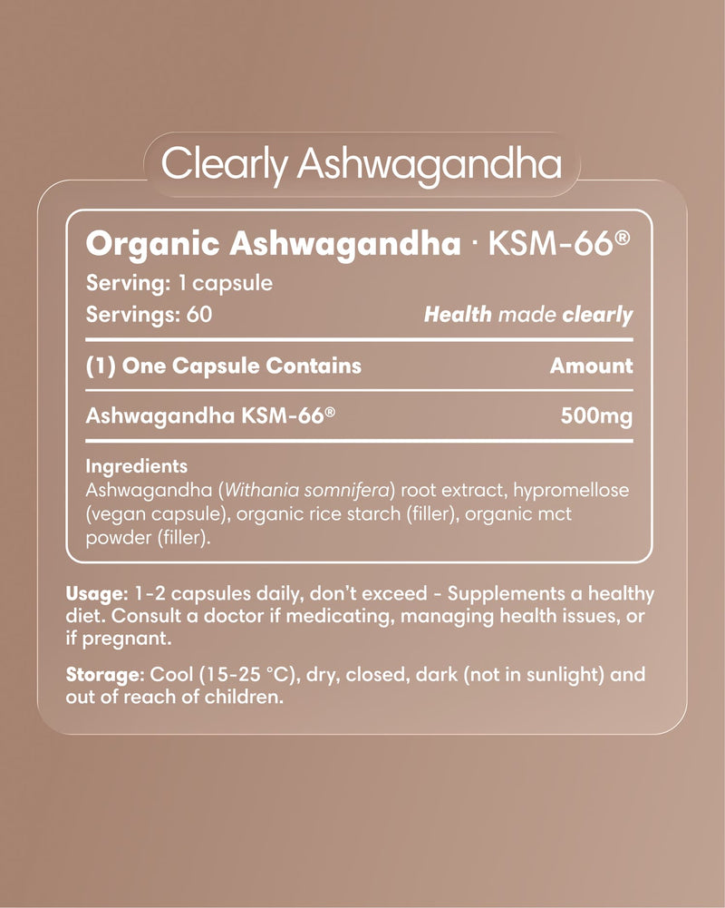 Clearly Ashwagandha capsules bottle with label displaying product name and branding, set against a neutral background.