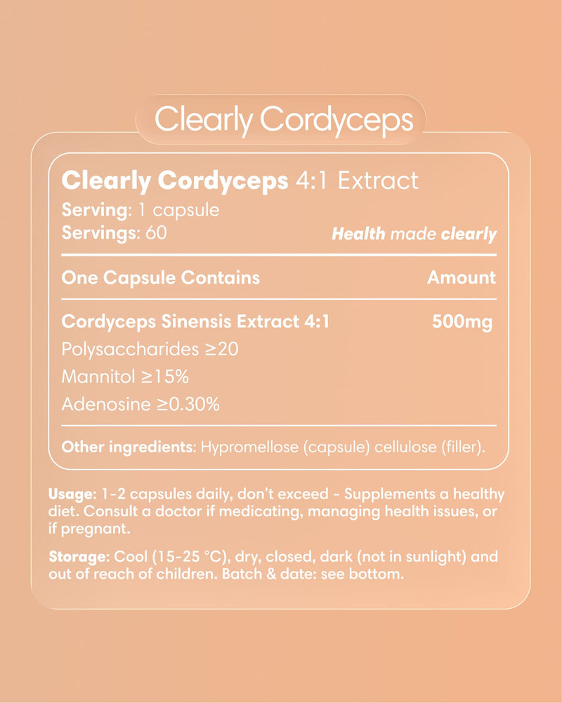 Clearly Cordyceps capsules bottle with label showing product name and branding, set against a plain background.