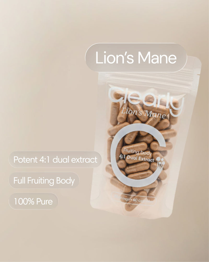 Clearly Lion's Mane capsules in a bottle, showing the front label with natural supplement packaging and branding.