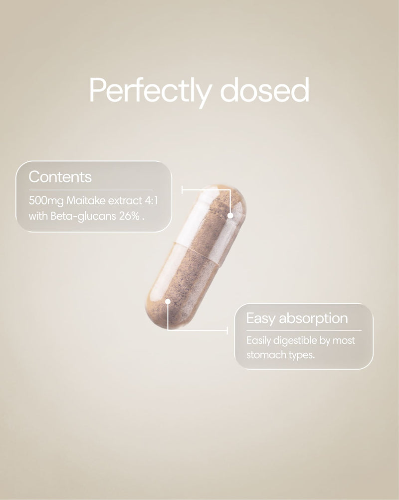 Clearly Maitake mushroom capsules in a clear bottle, showcasing the supplement's label and capsule contents.