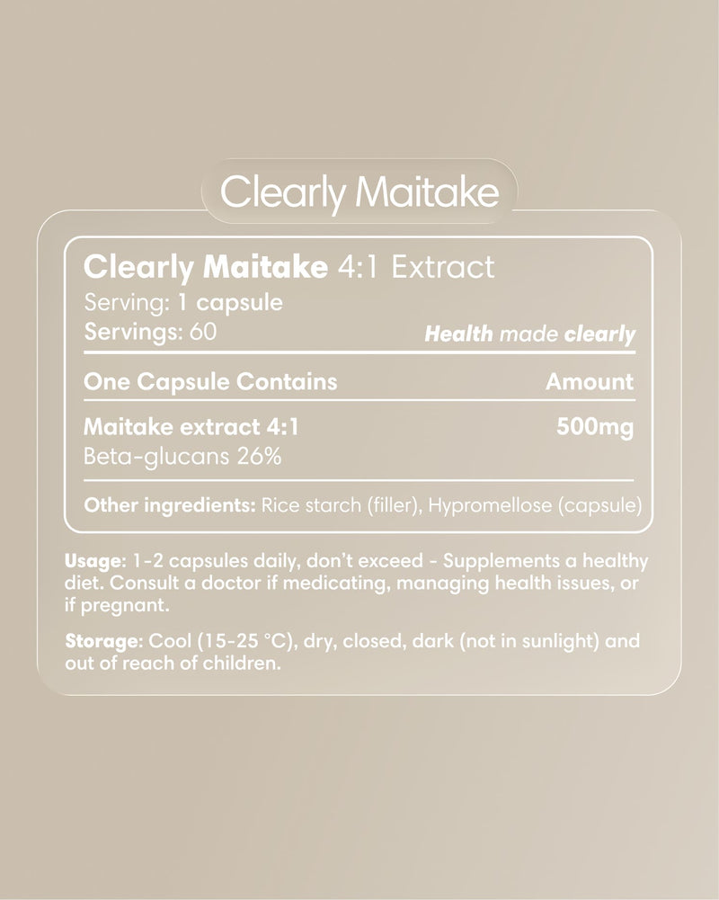 Clearly Maitake mushroom supplement label showing product name and branding on the packaging.