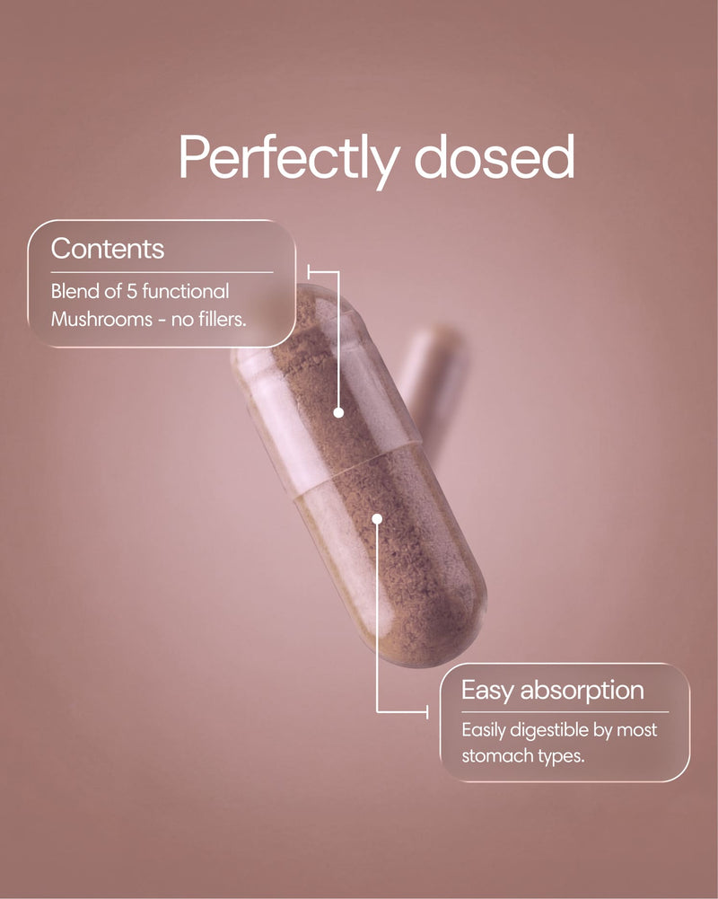 Clearly Mushroom Mix capsules in a bottle, showing a close-up of the supplement packaging and capsules.