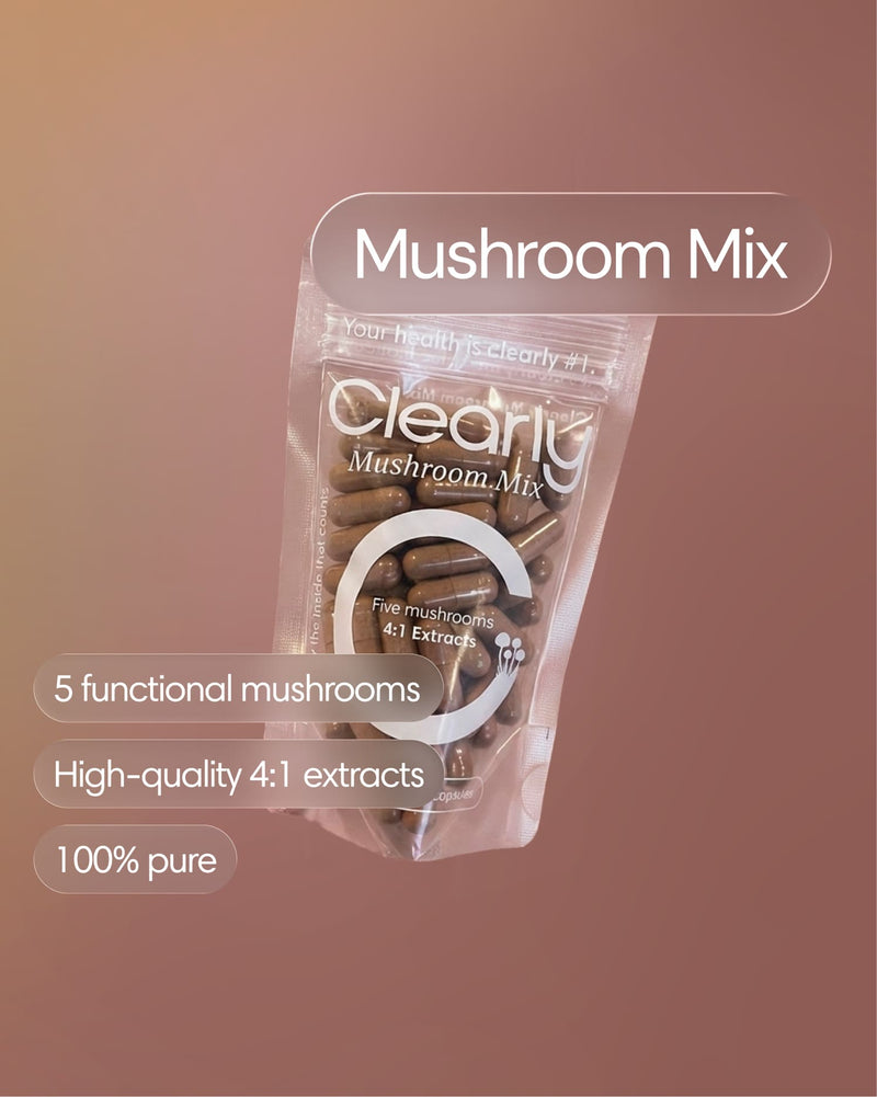 Clearly Mushroom Mix capsules in a bottle, showing the front label with a colorful mushroom illustration and product details.