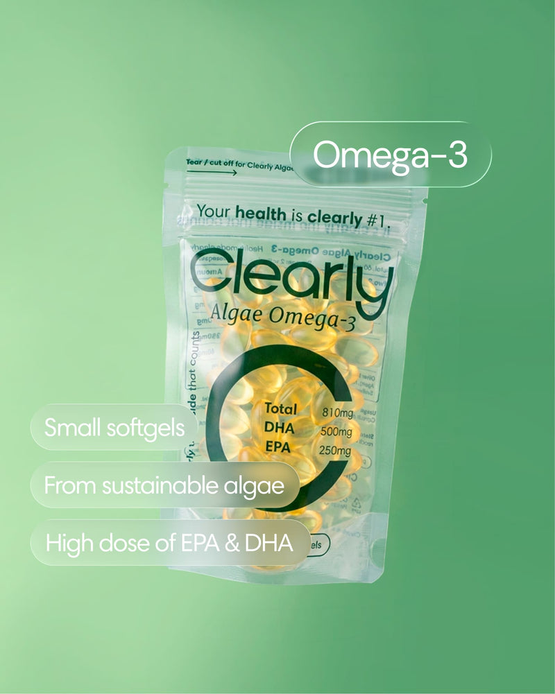 Clearly Omega-3 supplement bottle with softgel capsules displayed in front, highlighting healthy omega-3 fatty acids.