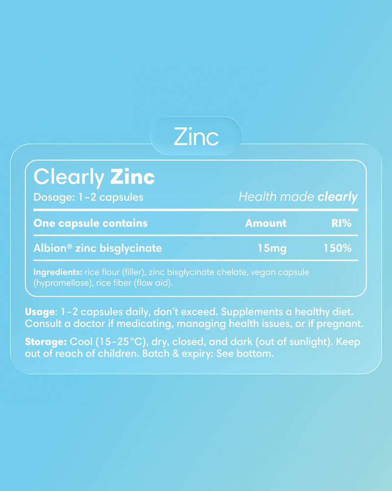 Label of Clearly Zinc supplement showing the product name and branding on a clear container with a white background.