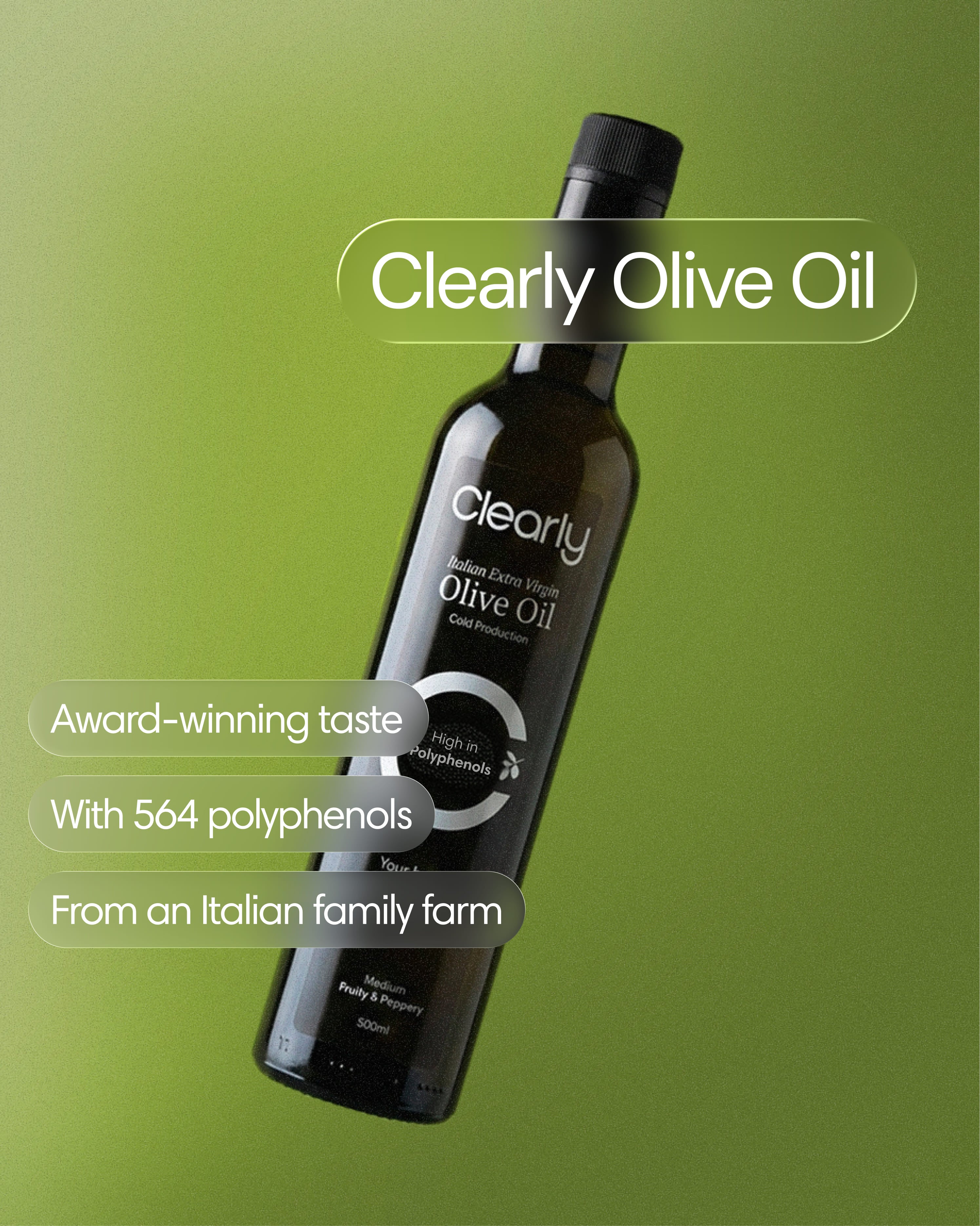 Clearly brand extra virgin olive oil bottle with green label and golden cap, displayed upright on a white background.