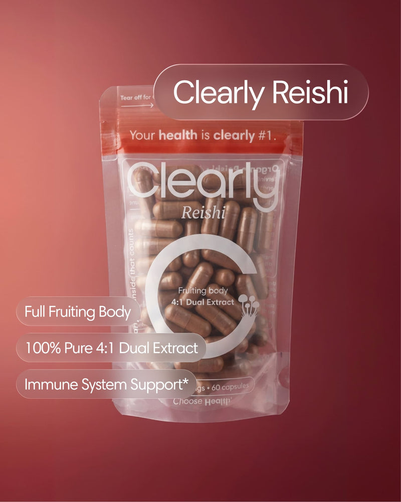 Clearly Reishi capsules in a bottle, showing the front label and capsules inside, natural supplement for wellness and immune support.