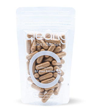 Clearly Lion's Mane capsules in a bottle, showing the front label and capsules inside, highlighting natural mushroom supplement.