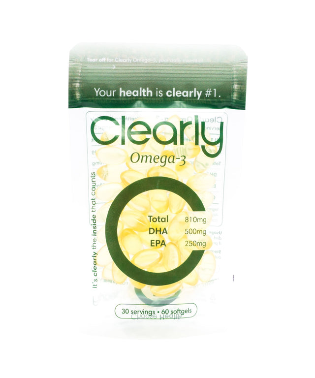 Clearly Omega-3 supplement bottle featuring softgel capsules, designed for heart and brain health support.