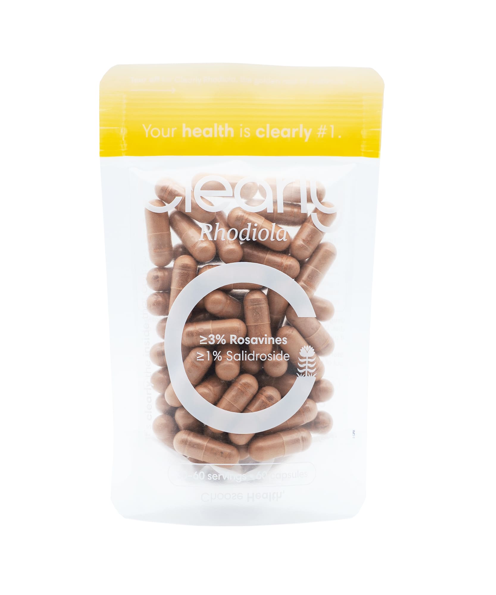 Clearly Rhodiola capsules in a bottle, showcasing the front label design and product details.