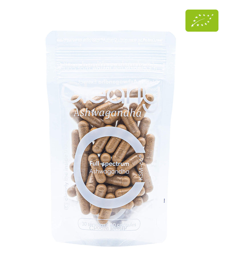 Clearly Ashwagandha capsules bottle with front label, showing the product name and branding on a white background.