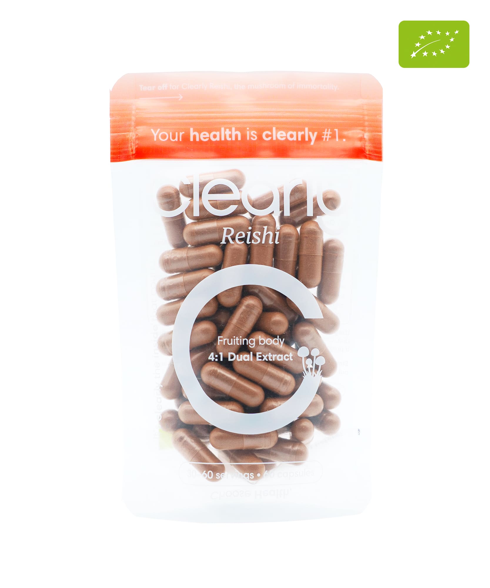 Organic Clearly Reishi capsules in a clear container, showing the brown herbal supplement inside.